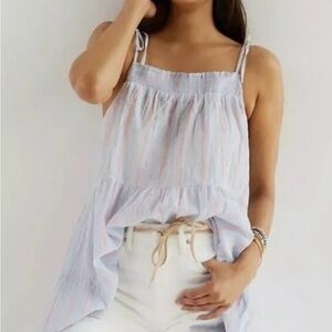 Anthropologie Mauve Loose Fit Pastel Striped Gauzy Ruffle Tiered Tunic Style Top